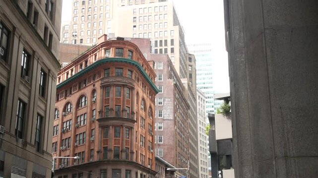New York City Lower Manhattan, Downtown Financial District architecture, United States. Restaurant building, William street, Beaver street corner, USA. American urban street, red brick house.