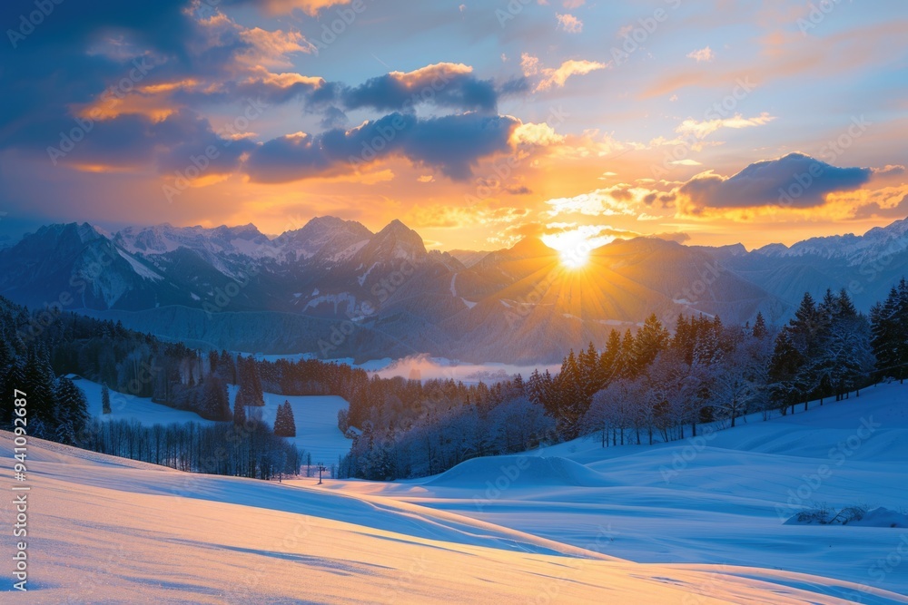 Poster a beautiful sunset view of a snowy mountain range with mountains and trees in the background