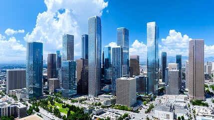 Obraz premium Urban Vibrance: Modern Glass Cityscape with Busy Streets and Sharp Shadows in Broad Daylight - Copy Space Available for Text