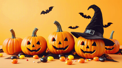 Festive Halloween pumpkins with a witch's hat and candies on display