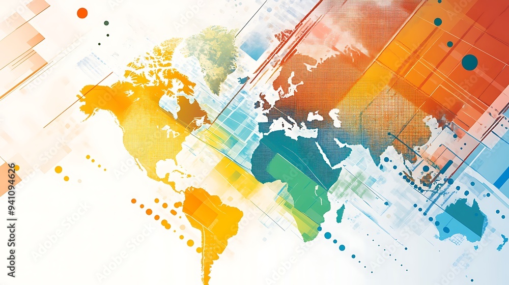 Poster abstract world map with colorful geometric shapes and dots.