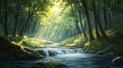 Sunbeams Through Forest Canopy, Stream and Waterfall.