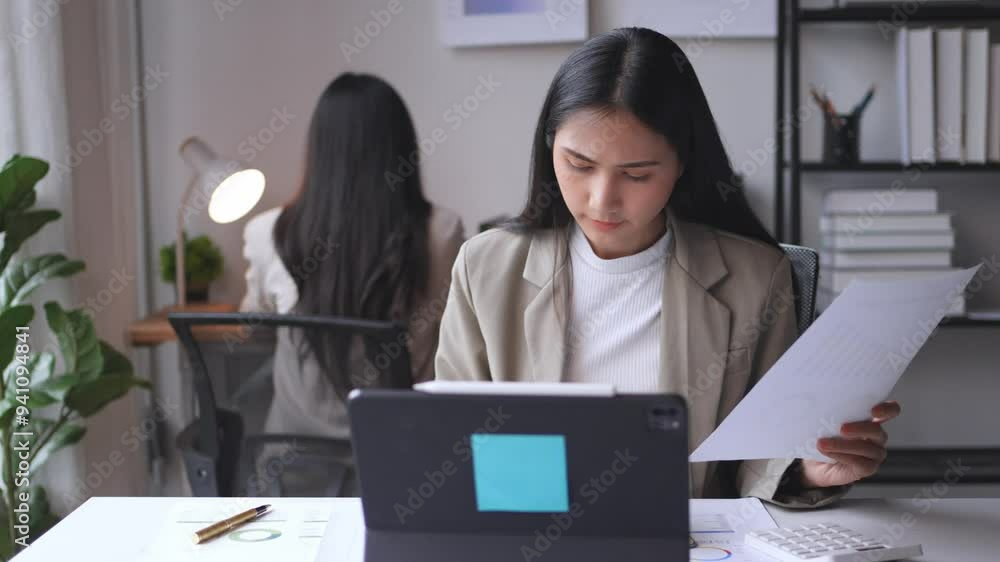 Poster young businesswoman working with financial data using digital tablet and analyzing documents while s