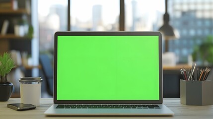 Laptop display with green screen background on office desk, people attending business meeting. Isolated mockup template with blank chroma key and copy space on computer screen. Close up