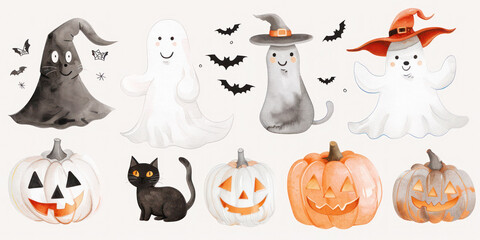 Cute hand-drawn Halloween illustrations featuring ghosts, black cats, bats, and jack-o'-lanterns in a whimsical style.