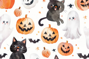 Cute hand-drawn Halloween illustrations featuring ghosts, black cats, bats, and jack-o'-lanterns in a whimsical style.