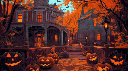 A hand-painted Halloween illustration featuring a jack-o-lantern and skull against a spooky background of ghosts and pumpkins, perfect for Halloween art and wallpaper.