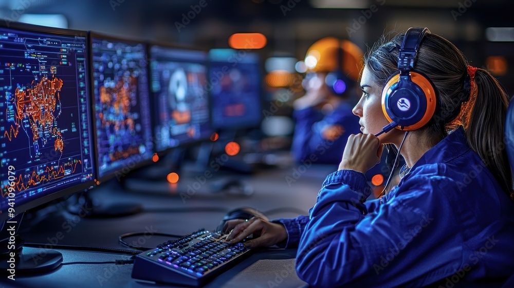 Poster focused female gamer working on a computer with multiple screens and a headset in a modern gaming en