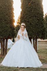 Fototapeta premium A woman in a white wedding dress stands in front of a tree. She is wearing a veil and a tiara