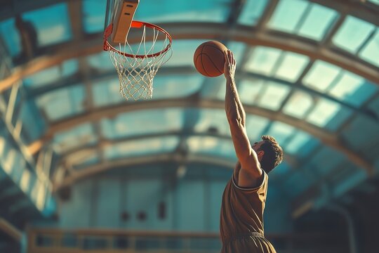 A basketball player sinking a three-pointer, the ball in perfect arc toward the hoop