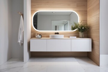 Modern Bathroom Vanity with Oval Mirror and White Cabinets