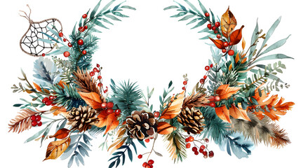 Naklejka premium Boho Christmas wreath isolated on white background