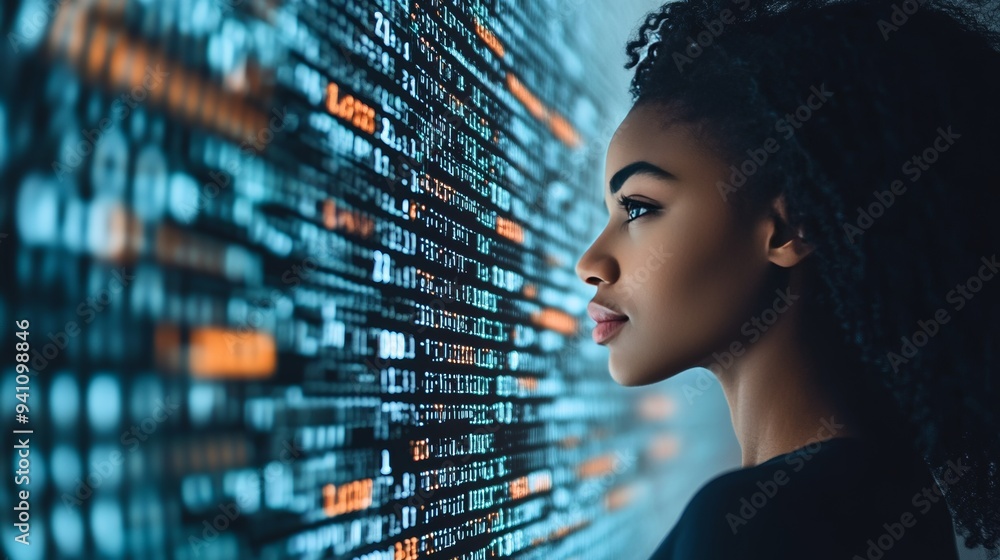 Poster focused young woman examining lines of code projected on screen, technology and programming concept