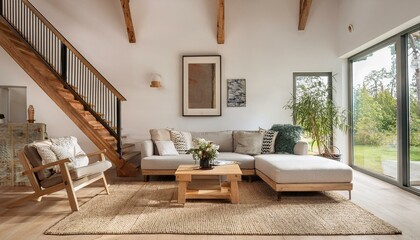 Fototapeta premium Farmhouse home interior design of modern living room with wooden staircase