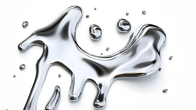Realistic metal drops are depicted in 3D chrome paint splash, with mercury drip and liquid silver blob shapes on a white background, creating glittering brushstrokes for artistic effects