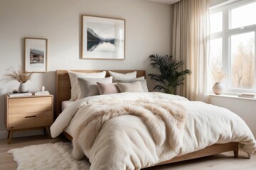 A Cozy Minimalist Bedroom with a Large Bed and Fluffy Blanket