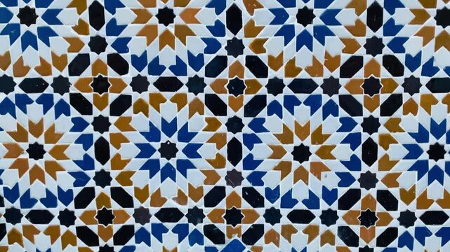 4K Hand hold shot of Detail of traditional Moroccan mosaic wall