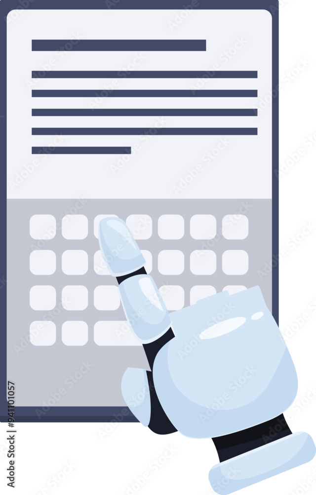 Poster robot hand is typing on digital tablet with text on screen