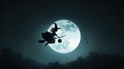 Naklejka premium Silhouette of a witch flying on a broomstick against a full moon in a dark, starry night sky.