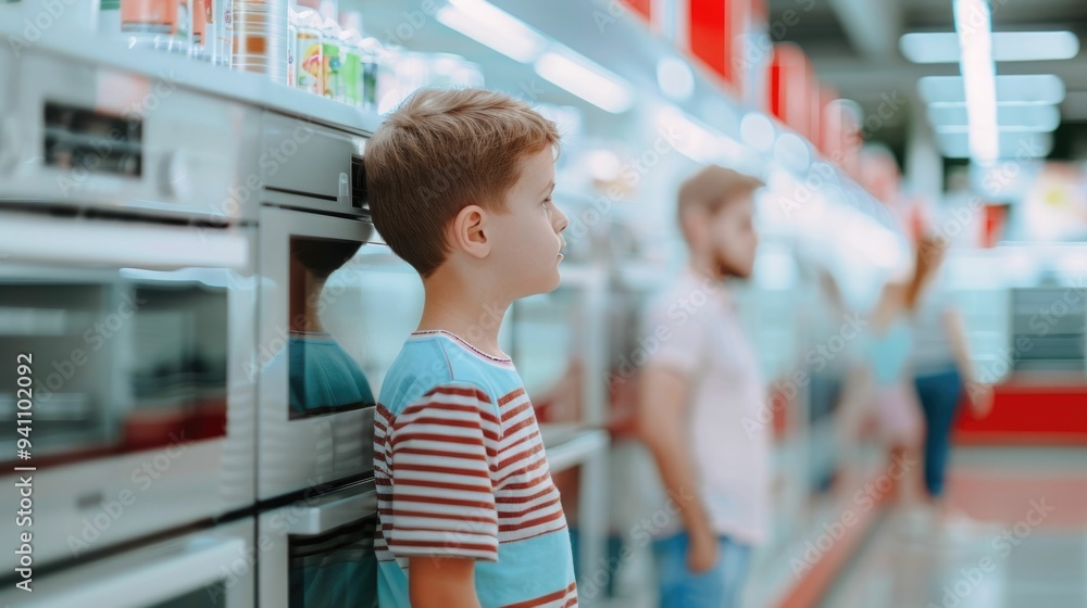 Poster A family standing in a kitchen store carefully comparing prices and evaluating different kitchen appliances as they make a practical purchase decision  The image has a deep depth of field