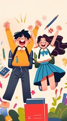 Students with backpacks are cheering.