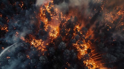 Aerial view of a forest fire engulfing trees in flames and smoke.