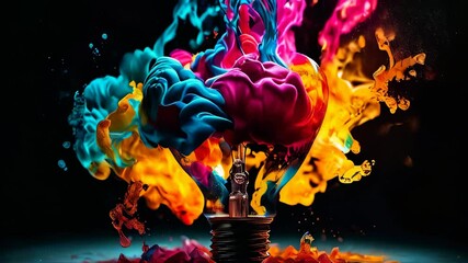  Colorful Ink Exploding around a Lightbulb Conceptual Idea Creativity