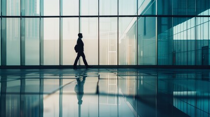 Fototapeta premium A silhouette of a person walking inside a modern glass building, with reflections on the polished floor.