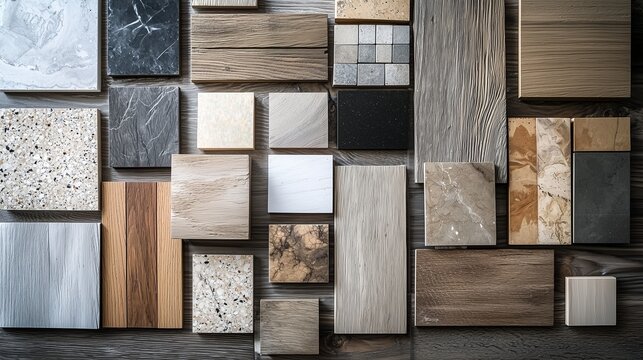 Assortment of various kitchen countertop materials displayed in different colors and textures.