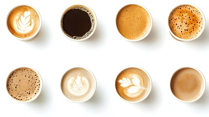 Set of paper take away cups of different coffee latte or cappuccino isolated on white background, top view