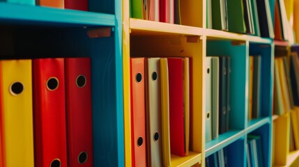 Bright and colorful binders neatly lined up on a bookshelf, creating an organized and vibrant workspace atmosphere.