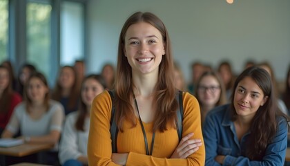 Obraz premium Successful female student with group of college students at classroom of university