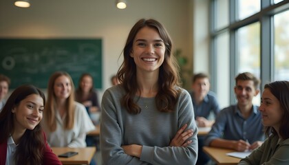Obraz premium Successful female student with group of college students at classroom of university