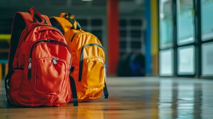 Obraz premium Brightly colored backpacks stand on a polished floor in an empty hallway, evoking memories of vibrant school days and the excitement of new beginnings.