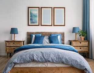 Rustic wooden bed with blue pillows and two bedside cabinets against white wall with three posters frames