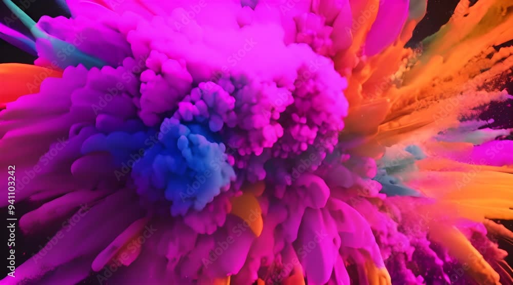 Poster explosion of bright colorful paint on black background burst of multicolored powder abstract pattern