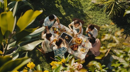 An aerial view of a joyous outdoor gathering where six friends enjoy a meal around a garden table adorned with fruits and drinks, surrounded by lush greenery.