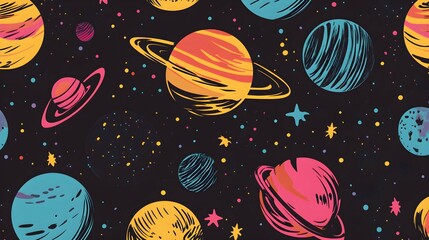 Naklejka premium Space and planets colorful minimal cartoon pop art repeat pattern, Comics illustration, retro and 90s style, pop art pattern, abstract crazy and psychedelic