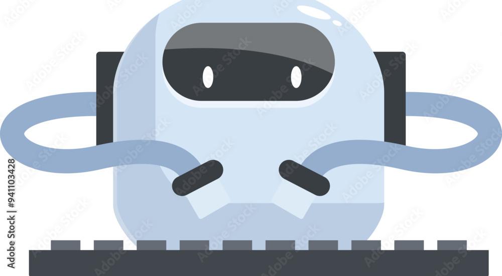 Poster robot is sitting at a keyboard, working on a project using artificial intelligence