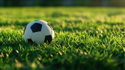 A classic black and white soccer ball sits on a lush green field, bathed in warm sunlight.