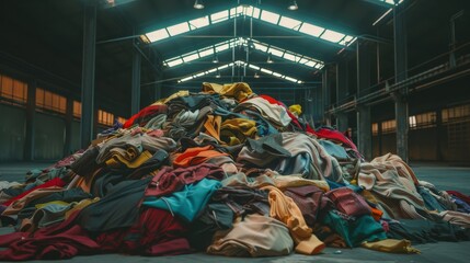 A towering pile of colorful clothes fills a vast, dimly lit warehouse, suggesting themes of abundance, waste, or reclamation.