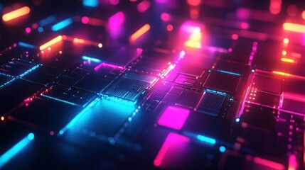 Naklejka premium Abstract Neon Lights on a Grid of Black Squares