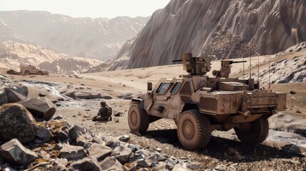 A military vehicle stands ruggedly in a rocky desert landscape as a lone soldier sits by, capturing the harsh yet serene environment.