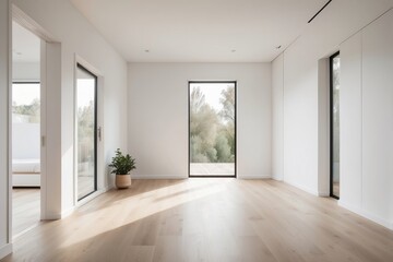 Obraz premium Minimalist Interior Design with Large Windows and Wooden Floors