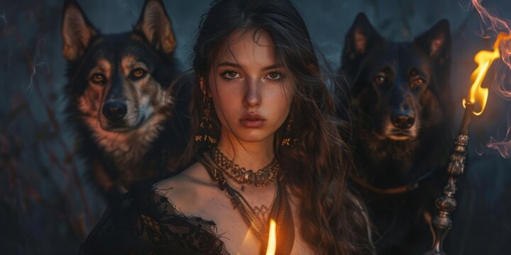 Under the glow of a flickering flame, Hecate stands poised, embodying mystery and power, flanked by two wolves, deep in the heart of an ancient forest