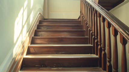 Sunlight spills warmly over a wooden staircase, highlighting its aged steps and elegant banister in a quaint, historic setting.