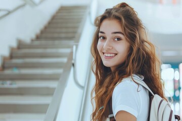 A happy girl holding a backpack and smiling for the camera