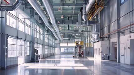 A vast, well-lit industrial warehouse with high ceilings, large windows, and an organized, pristine environment.