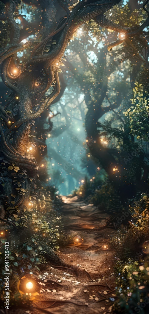 Aufkleber magical forest pathway adorned with glowing lights and lush greenery, creating an enchanting and mys