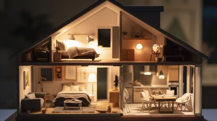 An elegantly crafted dollhouse glowing warmly at night, showcasing various intricately designed rooms with modern decor and a cozy atmosphere, reflecting nighttime tranquility.